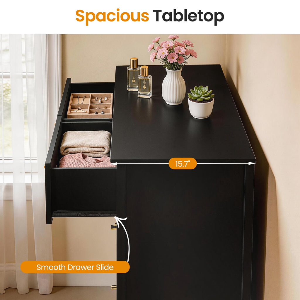 Black 6 Drawer Dresser, Fluted Dresser