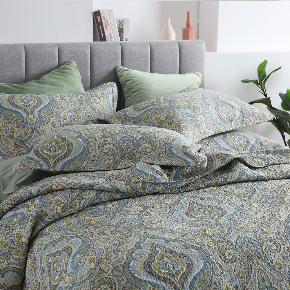 Cotton Bedspread Quilt Sets, 3 Pieces Reversible Comforter Coverlet Sets, Classical Damask Paisley, Queen Size