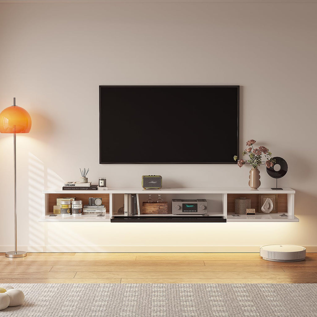 78'' Floating with Glass Door, TV Top Shelf, White