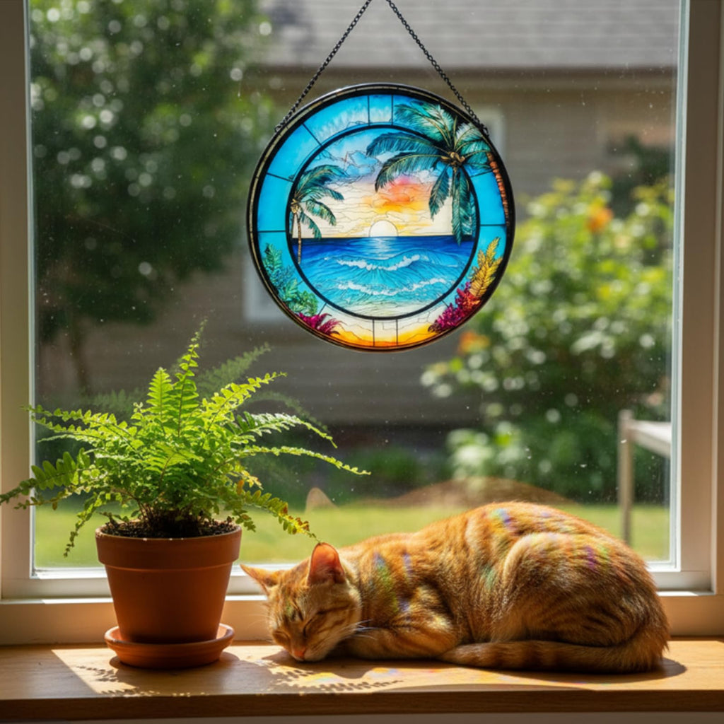 Blue Ocean Sunset Glass Window Hanging Decor, 8" Stained Glass Sun Catcher Hanging Decoration with Metal Chain-Sun