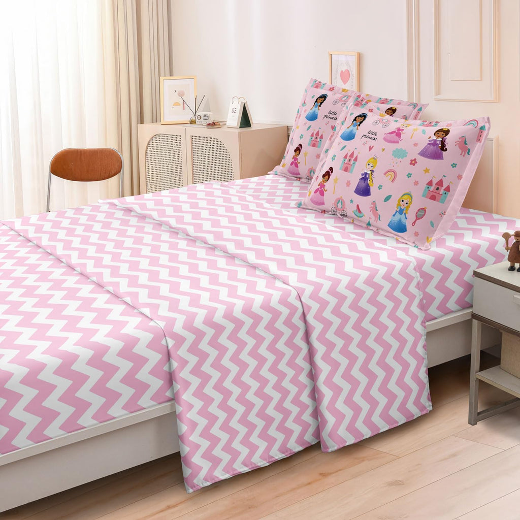 Kids Girls Princess Comforter Set Twin, Pink | Bed in a Bag, 5 Piece Set, Soft Cute Castle Bedding, 1 Comforter, 1