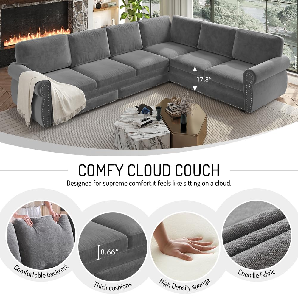 118" L-Shaped Sofa Couch with Pull Out Bed, Oversize Convertible Sectional Sleeper Sofa with Nailhead Trim & Rolled