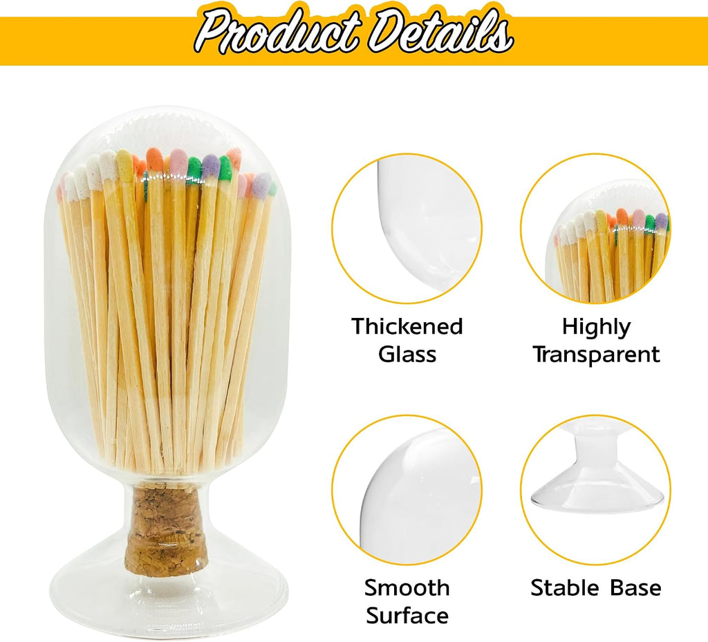 Matches Included, Glass Match Holder with Striker, Decorative Match Cloche