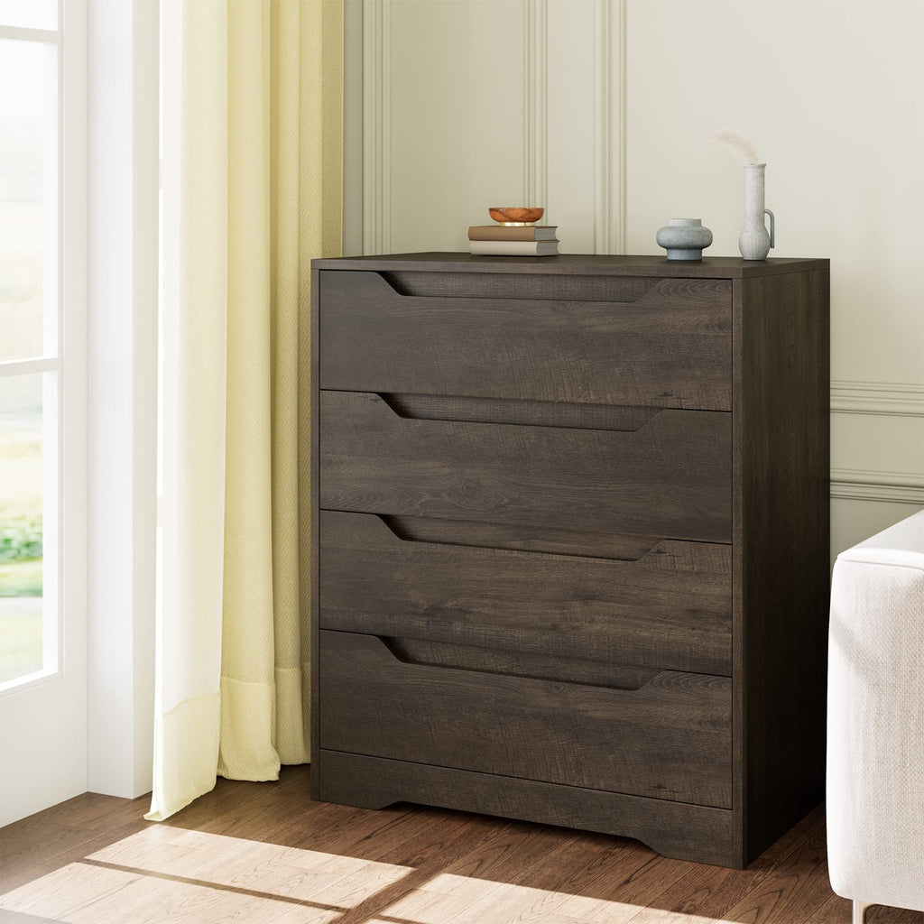 White Dresser, 4 Drawers Dresser, Farmhouse Chest of Drawers with Cut-Out Handles, Small Dressers with Drawers, Wood