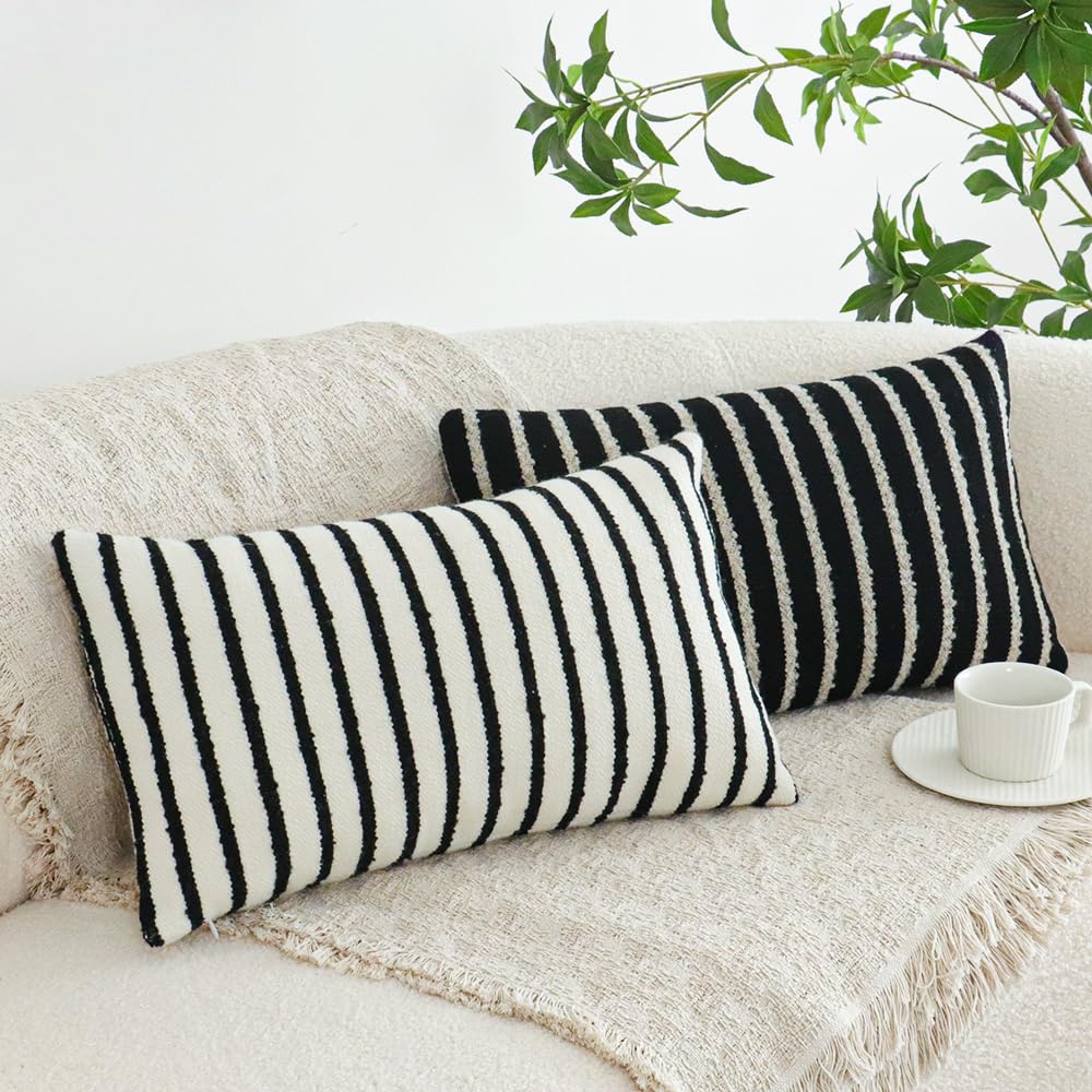 Black Striped Lumbar Boho Throw Pillow Cover, Modern Boucle Textured Rectangle Pillowcase for Sofa Couch Bed, Neutral