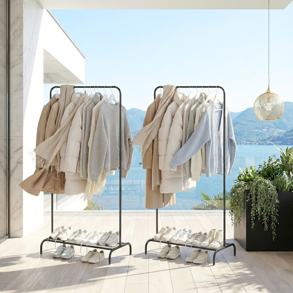 Black Clothing Rack 2 Pack for Small Spaces, Freestanding Garment Rack with Bottom Shelf, Stable Clothes Organizer