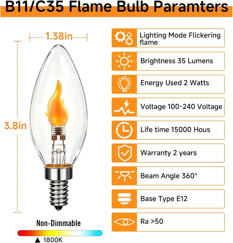 Flickering Flame LED Candle Bulb E12 Non-Dimmable 2W 1800K Warm Clear Glass 2-Pack