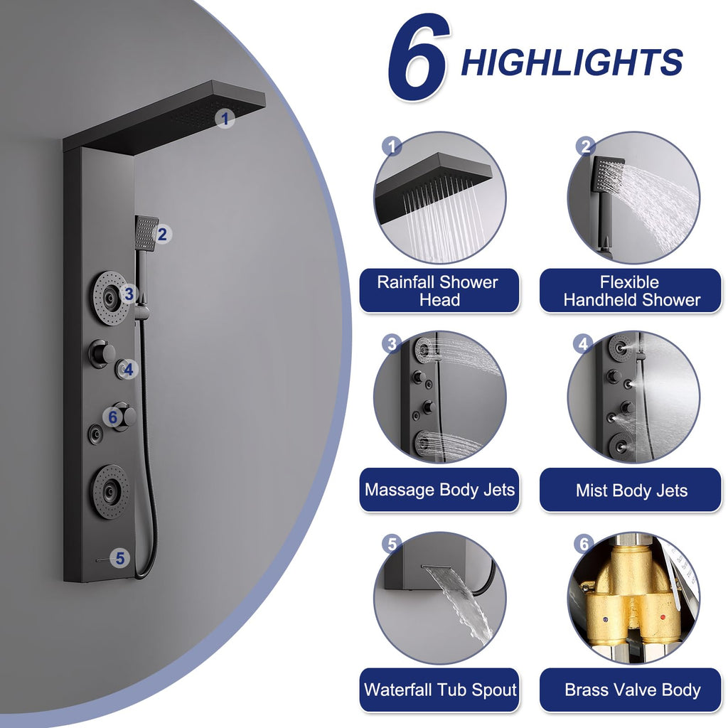 5 in 1 Rainfall Shower Panel Tower with Tub Spout, Matte Black