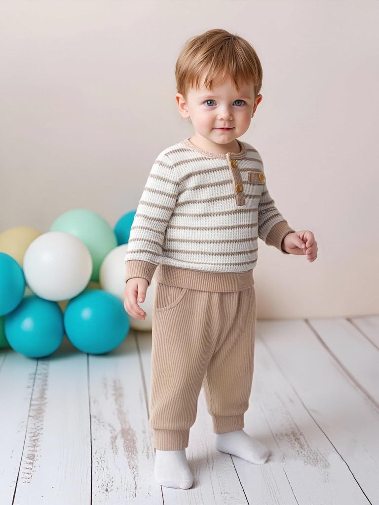 Baby Boy Fall Outfits Waffle Striped Toddler Boy Sweatshirt Pullover Tops Pants Infant Baby Fall Winter Clothes