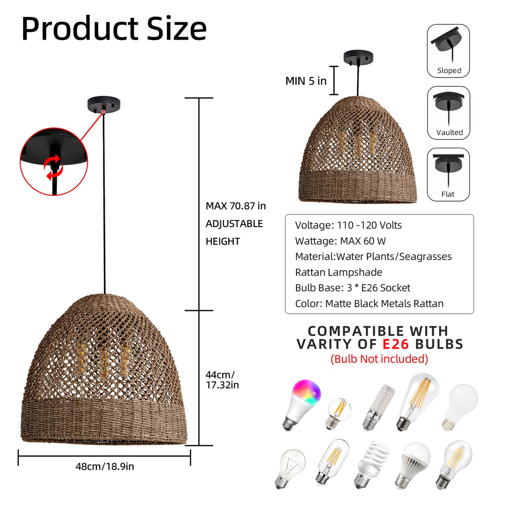 19" Rattan Pendant Light, 3-Light Boho Seagrass Chandelier