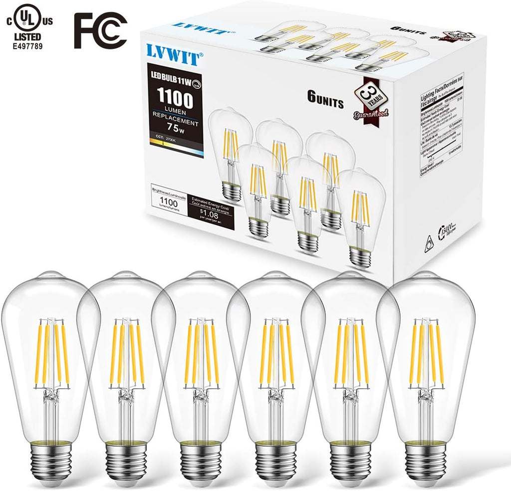 6 Pack Vintage LED Edison Bulbs 75W Equivalent 11W 1100LM Dimmable ST64 Filament 2700K Warm White E26 Medium Base