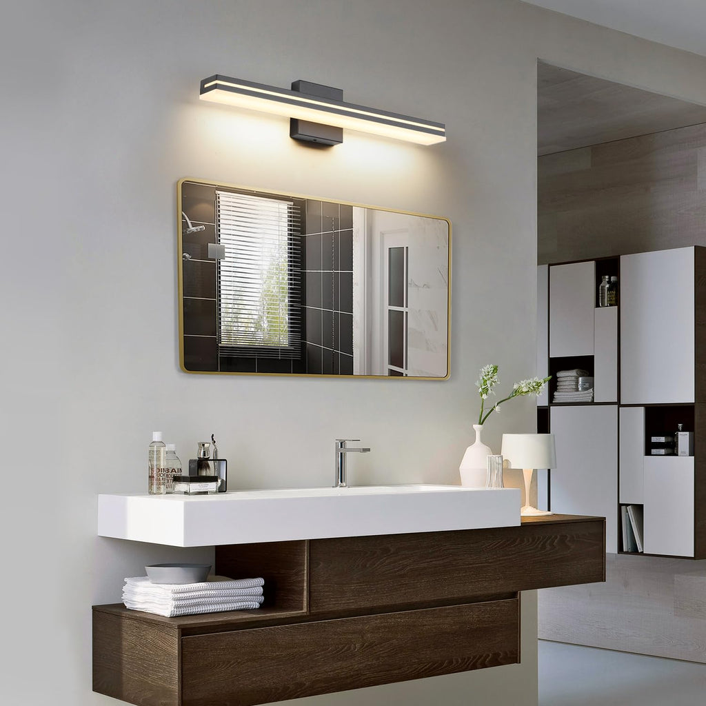 LED Modern Bathroom Vanity Light Bar (24-Inch, 3000K/4000K/6000K), Matte Black Dimmable Modern Acrylic Bathroom Wall