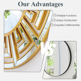 31.5"x31.5" Gold Round Mirror with Decorative Geometric Pattern, Accent Wall Mounted Mirror for Modern Living Room