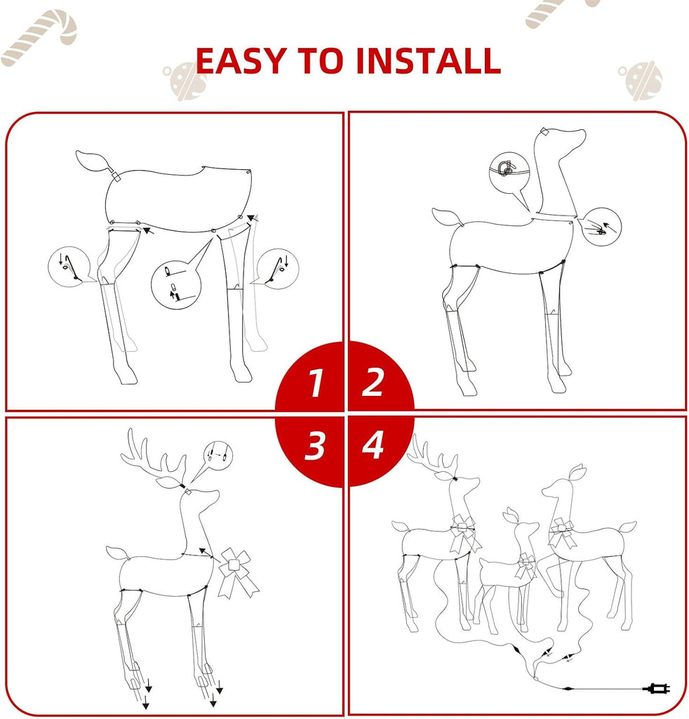4 FT Christmas Decorations Outdoor Lighted Reindeer - 3-Piece 2D Deer Family Set with 145 Warm White LED Lights
