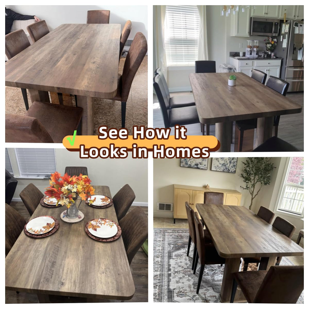 64.5" Dining Room Table Set for 6, Modern Farmhouse Wood Dining Table Set with Decorative Pedestal Legs & 6 Suede
