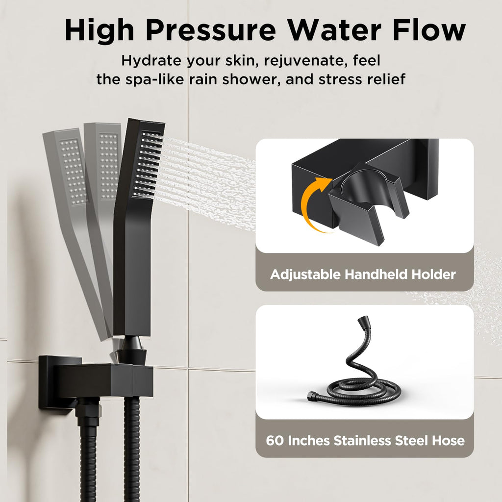 Shower Systems with Body Jets, 4 Way 12+6" Rainfall Shower Head with Handheld Spray Combo, Ceiling Mounted Shower