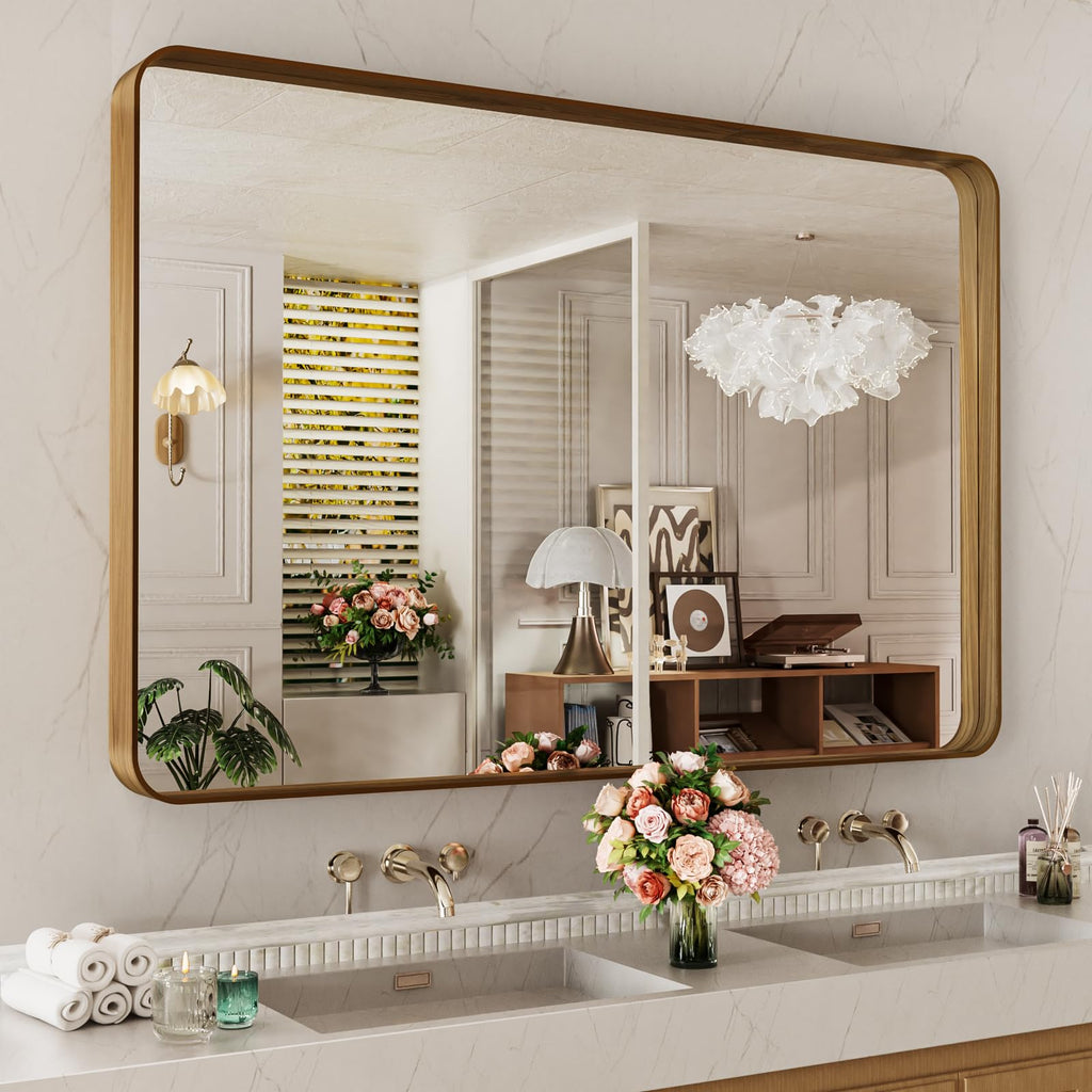 48X30 Inch Bathroom Mirror with Wood Grain Colored Metal Frame