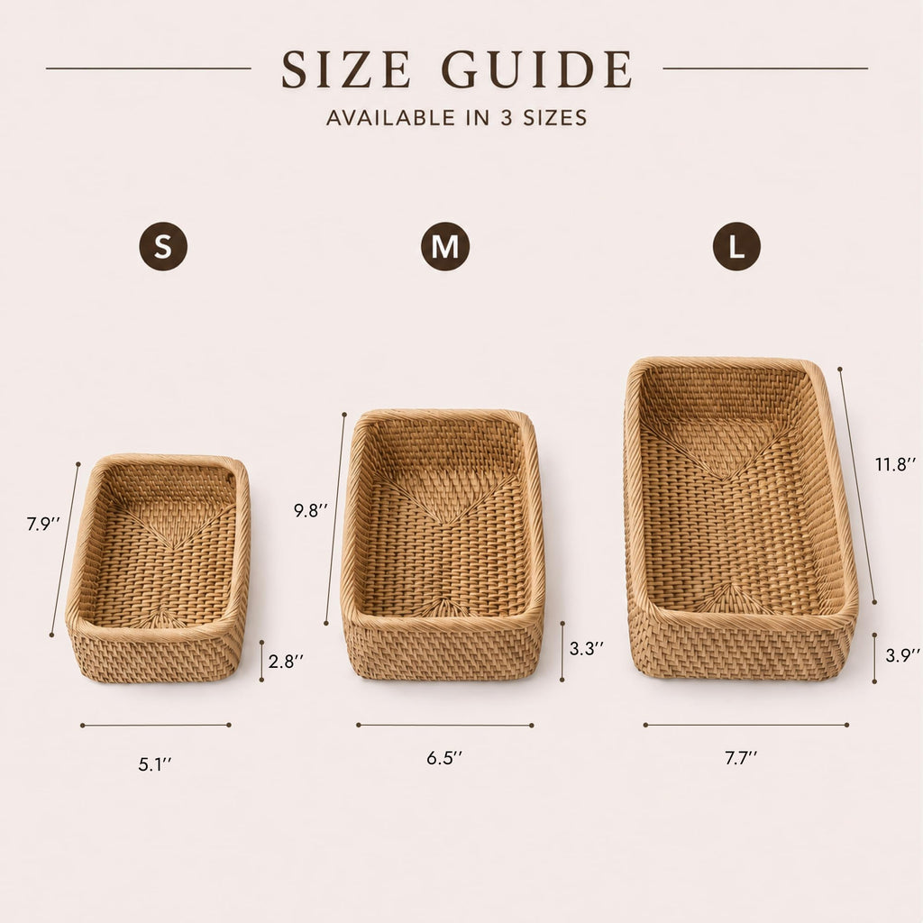 Natural Rattan Storage Baskets, Rectangular Woven Fruit Baskets, Decorative Wicker Basket and Small Baskets for