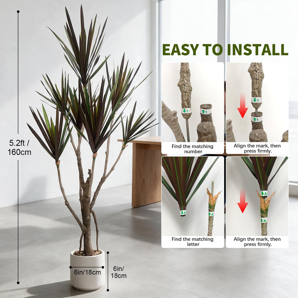 Dracaena marginata Artificial Plant 5.2ft, Faux Dragon Tree in Pot