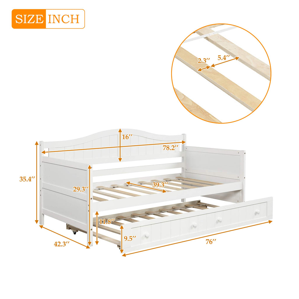 Twin Daybed with Trundle, Mid-Century Sofa Bed Wood Platform Bed Frame with Slats Support, No Box Spring Needed