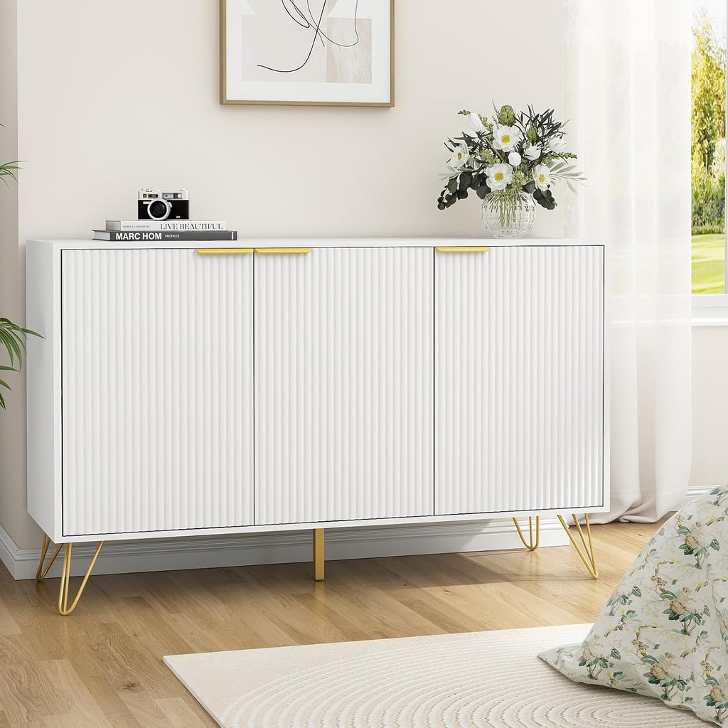 Storage Cabinet with 3 Fluted Doors and Adjustable Shelves, White丨Modern Wood Accent Table, Sideboard Buffet Cabinet