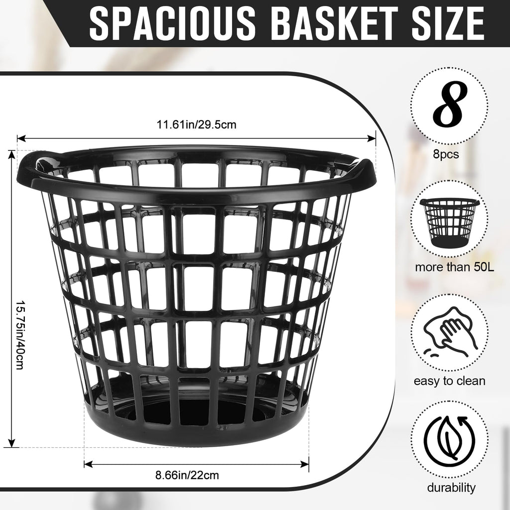 8 Pcs Black Plastic Round Laundry Baskets with Easy Carry Handles