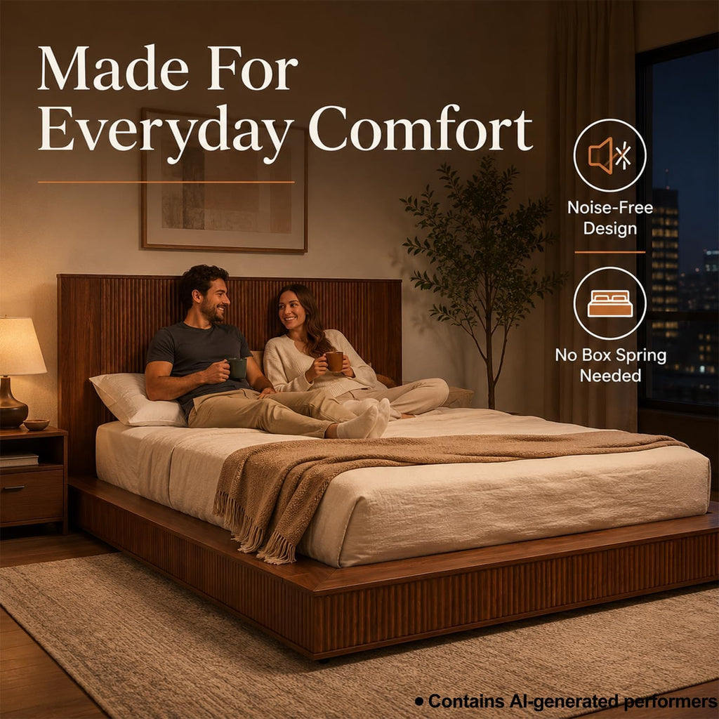 Low Profile Platform Bed Frame with Vertical Fluted Headboard