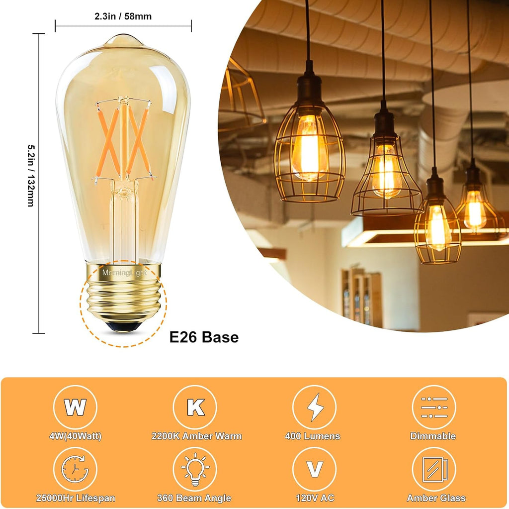 Dimmable ST58 LED Edison Bulbs 40W Equivalent, 2200K Amber Warm Light