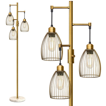 Dimmable Floor Lamps, Industrial Standing Lamp with Marble Base, Antique Brass Tree Tall Pole Light with 3 Elegant