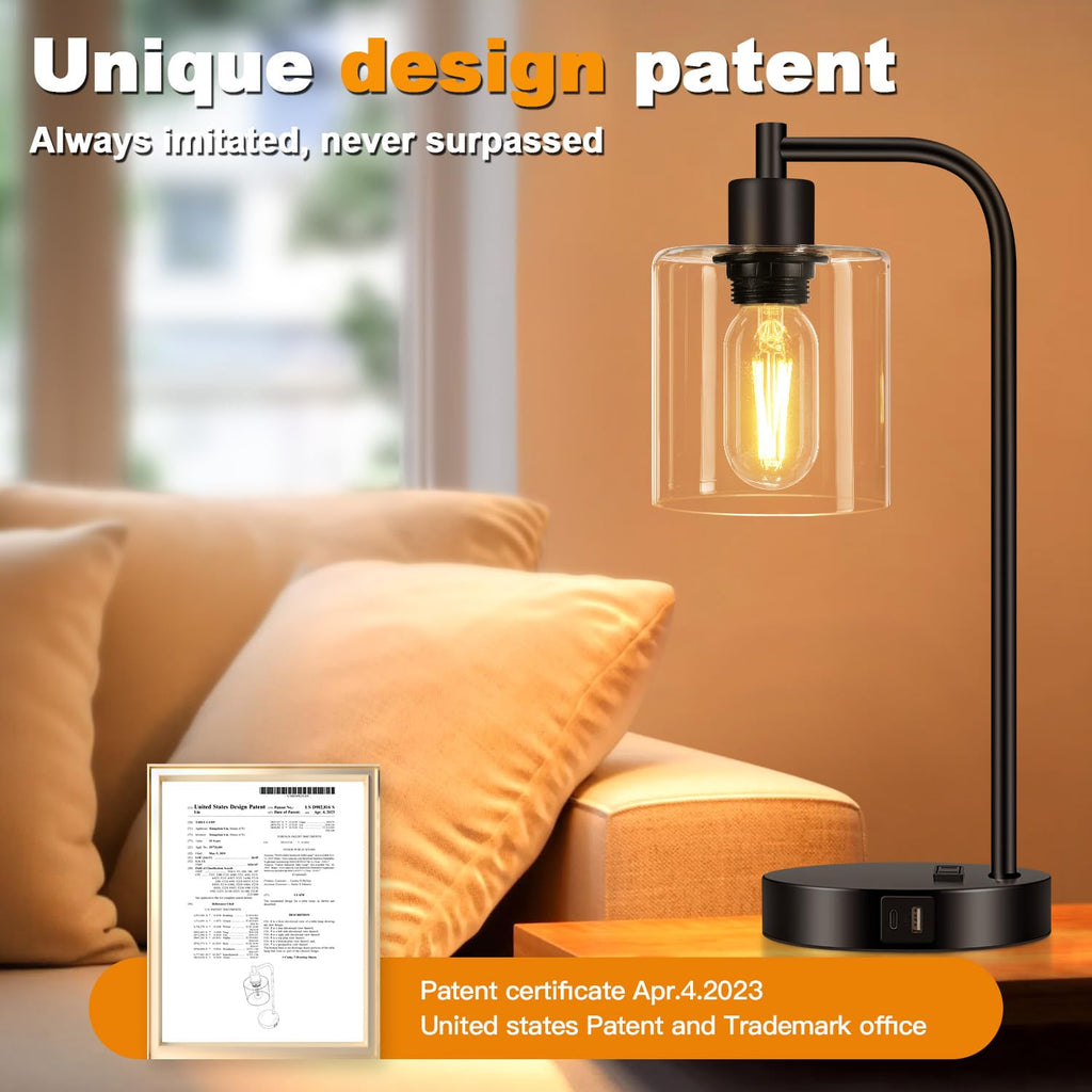 Set of 2 Industrial Touch Control Table Lamps with USB C+A Ports and AC Outlet - 3-Way Dimmable Black Bedside Lamps