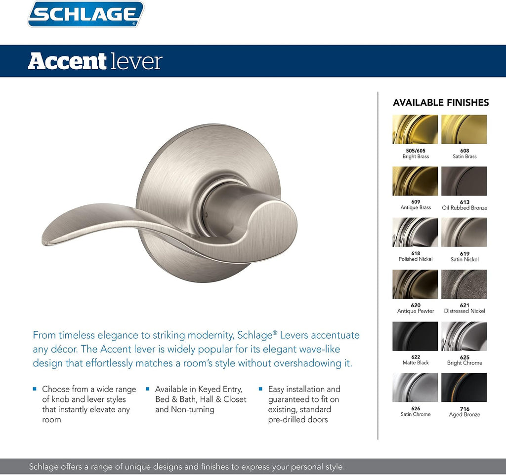 F10 V ACC 619 Accent Door Lever Hall & Closet Passage Lock, (Pack of 1), Satin Nickel