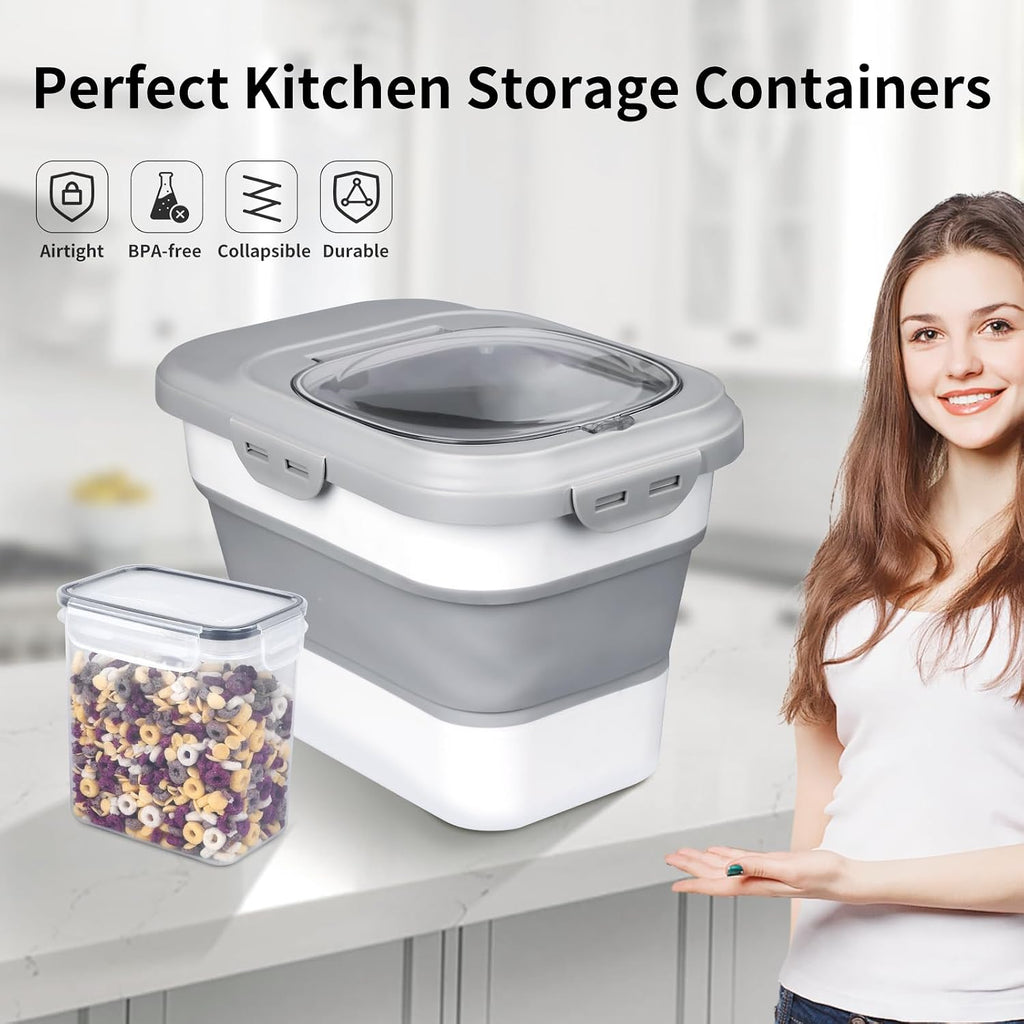 Rice Storage Container, Collapsible Airtight Food Storage Containers 6-20 Lbs, Rice Dispenser with Measuring Cup
