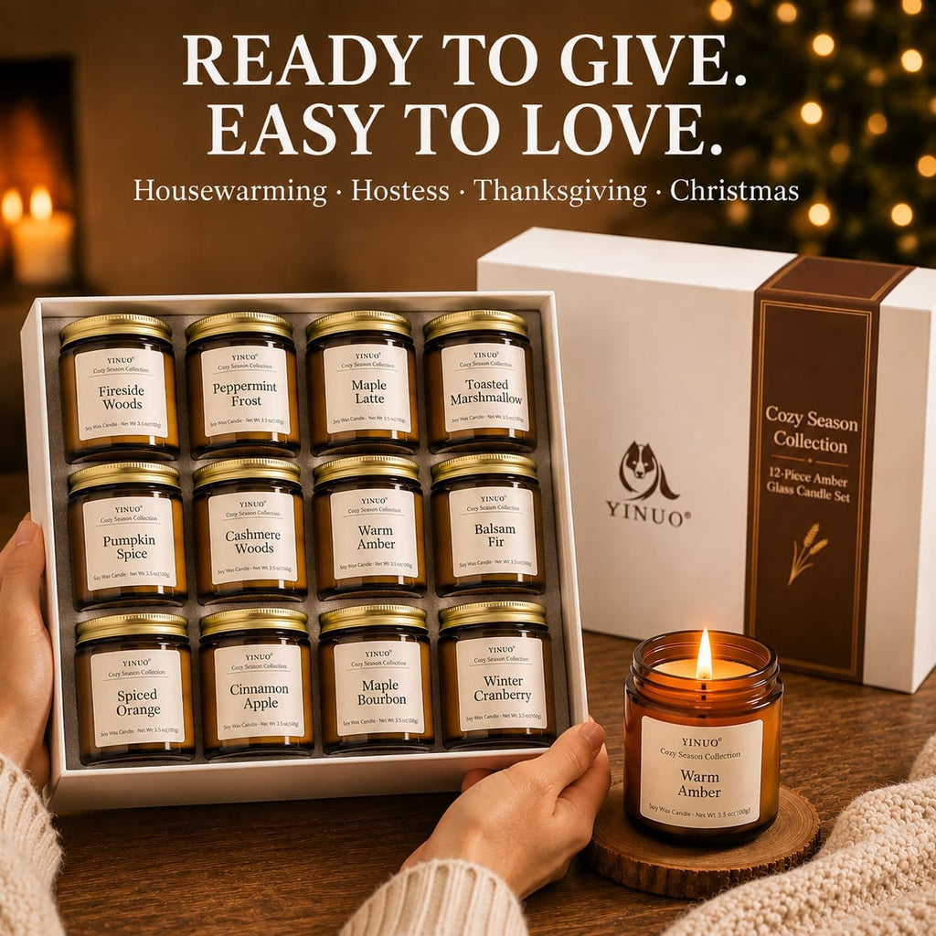 12-Piece Fall & Winter Scented Candle Gift Set, 3.5 oz Each | 12 seasonal scents in amber glass jars, soy wax and