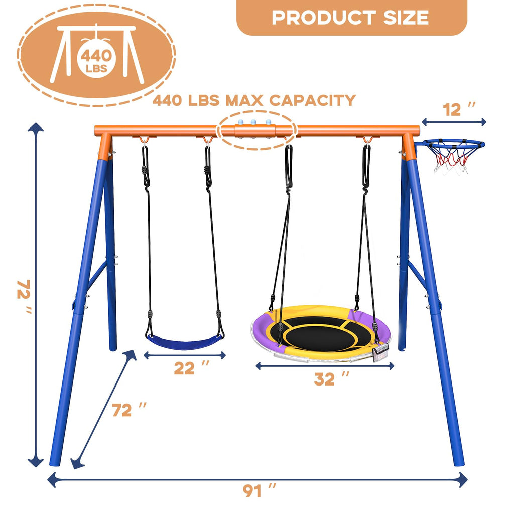 4-in-1 Swing Sets with Stand for Backyard, 440lbs Outdoor Saucer Swing Set for Kids, Heavy-Duty A-Frame Metal Playset