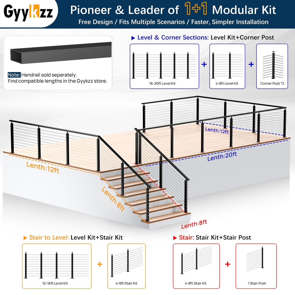 16-20FT Modular Cable Railing Kit 36", 5 Level Railing Post System