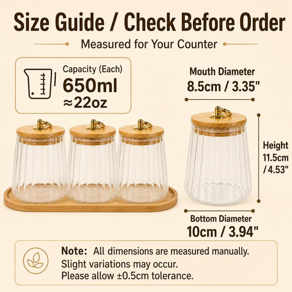 Coffee Tea Sugar Canister Set,22 oz / 650 ml Airtight Glass Storage Jars with Wooden Lids & Tray, Ribbed Clear - Set of 3