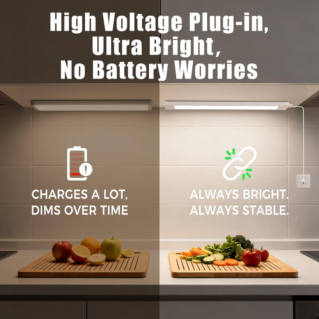 6 Pcs 14inch Plug in Under Cabinet Lighting, 6500k Bright White Linkable LED Under Counter Wired Lights