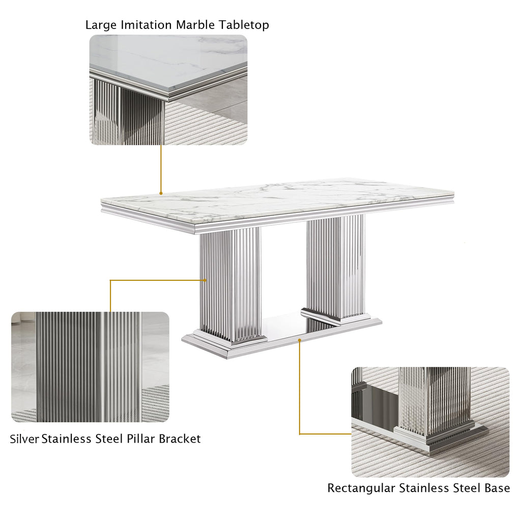 68'' Modern Faux Marble Dining Table for 4, Dual Pillar Silver Stainless Steel Pedestal, White Kitchen Table for 6