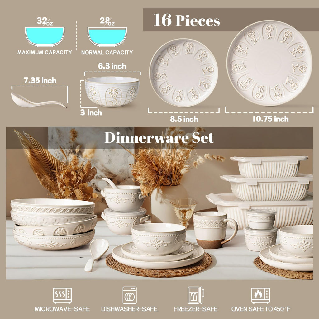 Plates And Bowls Sets, 16 Pieces Dinnerware Sets, Dish Set For 4, Ceramic Kitchen Bowl And Plate Set, Embossed White