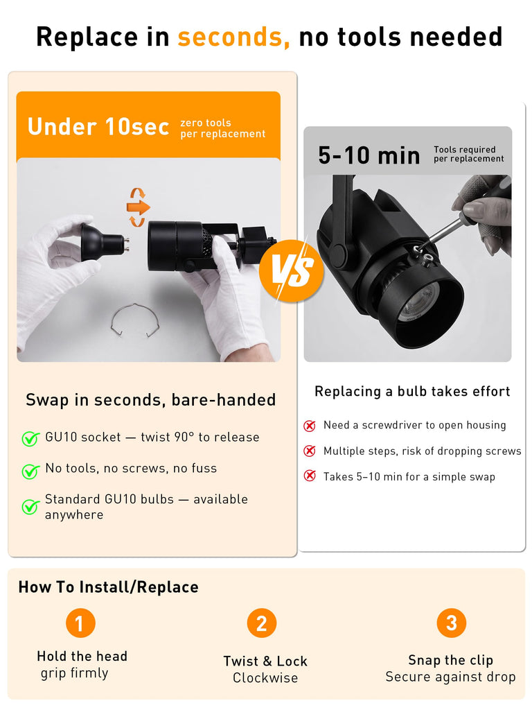 [6 Pack] H Type Track Lighting Heads to Gu10 Base Socket Light Direction Adjustable,Round,Black