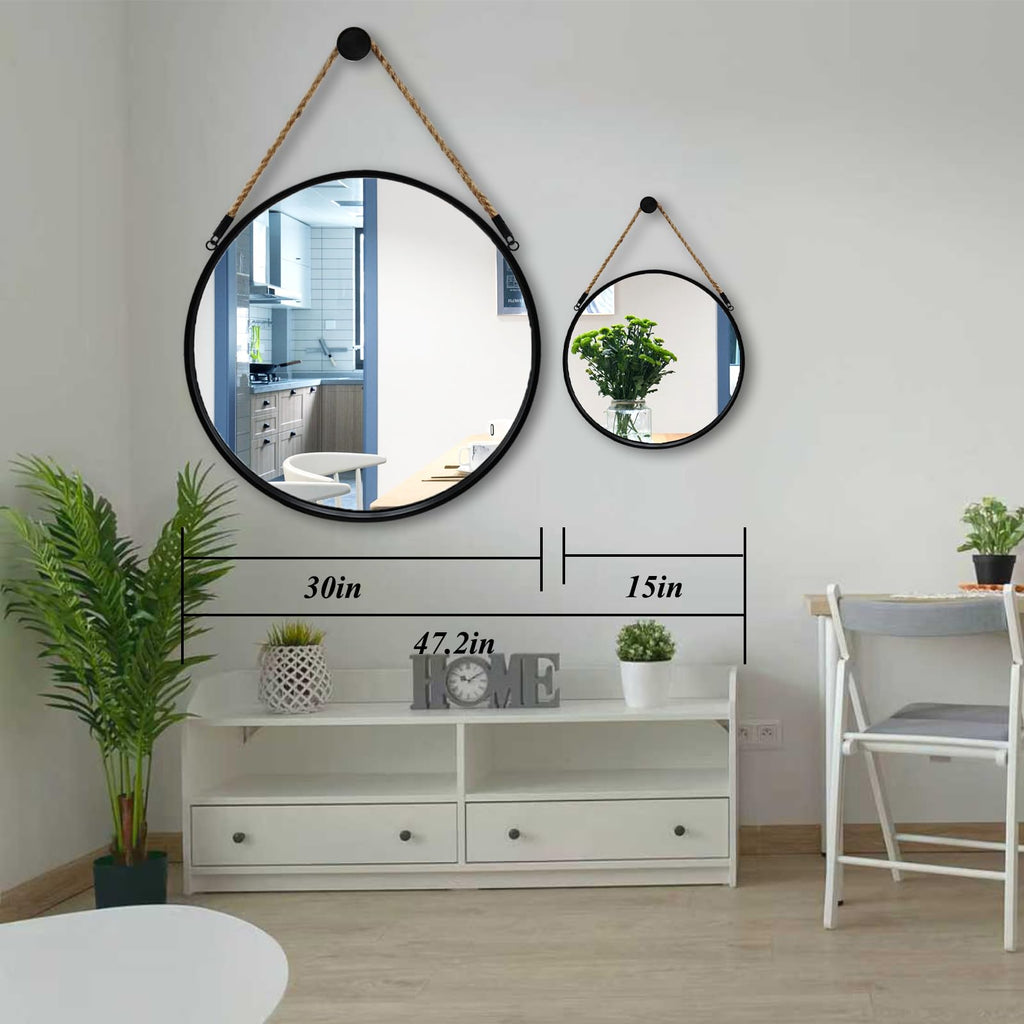 30" Large Round Hanging Mirror, Circle Wall Mirror with Jute Rope