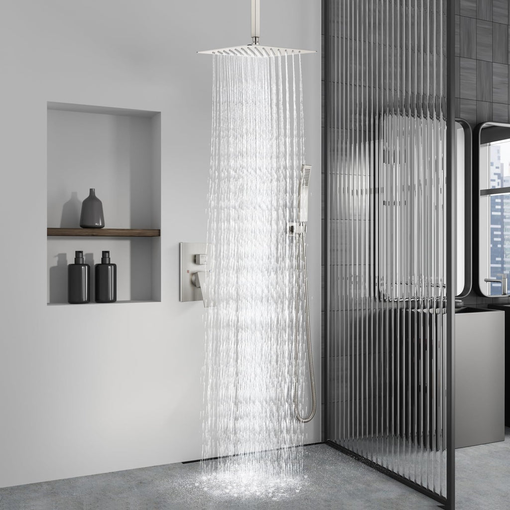 Ceiling Shower Faucet with Handheld 12 Inch Head Brushed Nickel