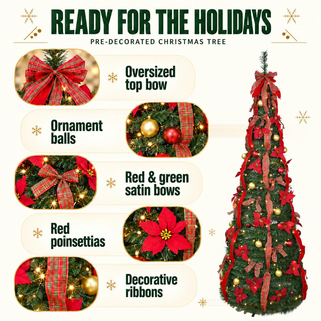 7FT Pop Up with Lights, Prelit Collapsible with 200 Warm Lights, Decorated Popup Xmas Trees for Holiday, Party
