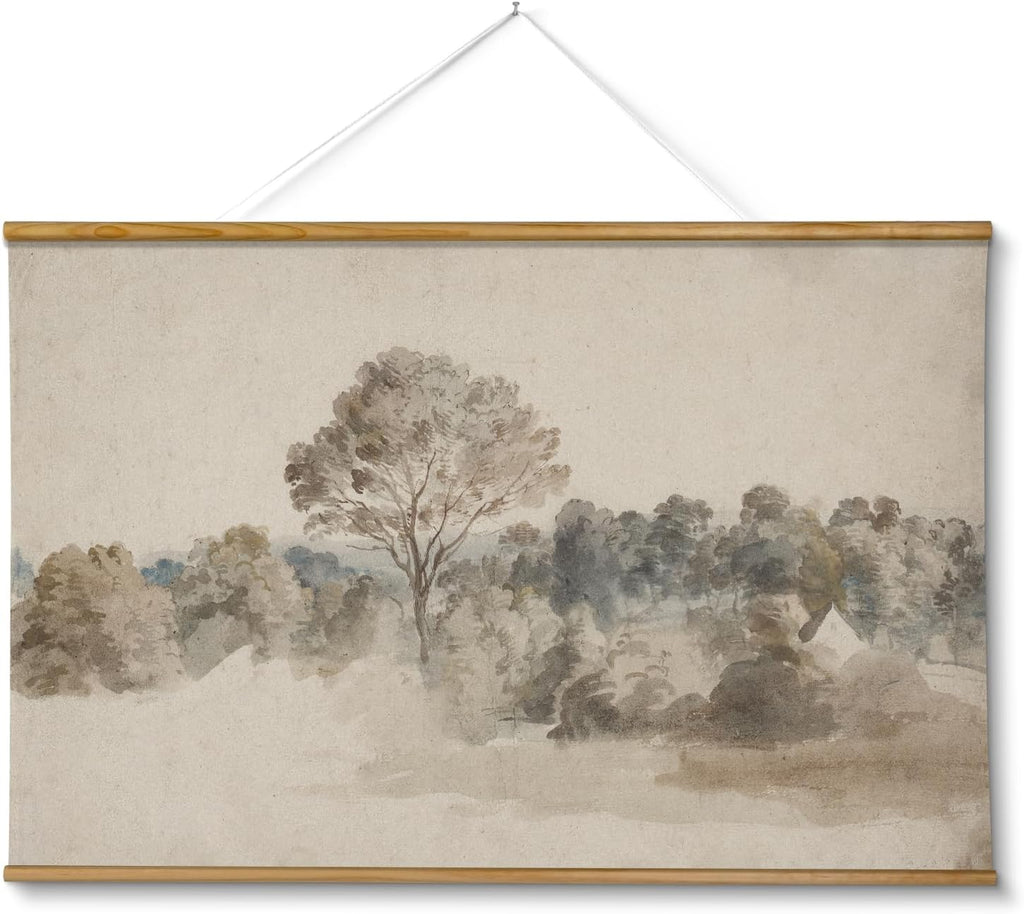 Extra Large Size Canvas Wall Art, 36x54 Vintage Scroll Hanging Landscape Print, Rustic Watercolor Countryside Scene