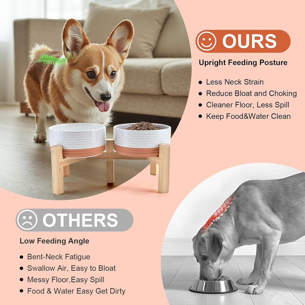 Elevated Dog Bowls Ceramic, 6.1'' Dogs and Cat Food Water Bowls Raised with Non-Slip Bamboo Stand for Medium Sized