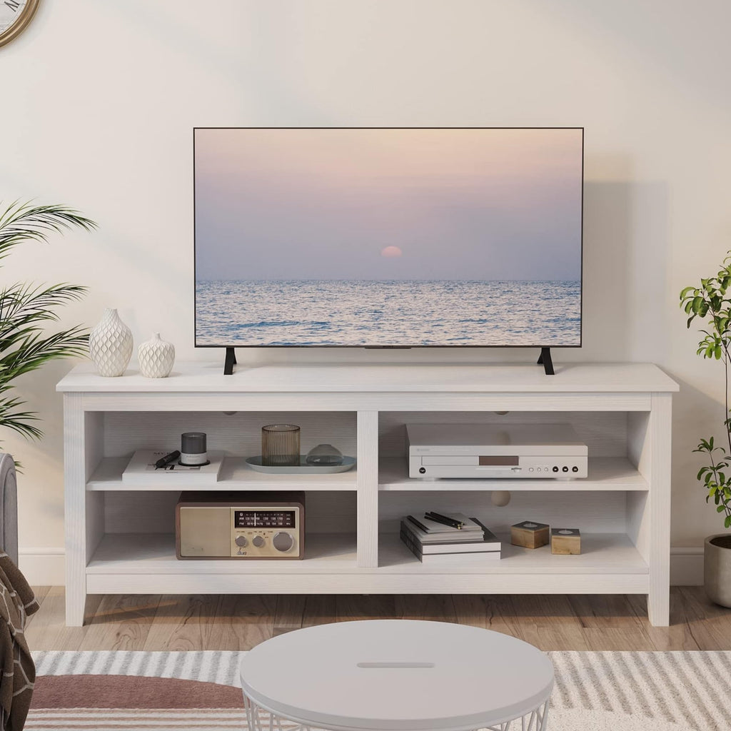 Modern TV Stand for 65 inch TV, White Wood TV Cabinet with 4 Open Storage Shelves, Fits 50-65 Inch TVs, 55 Inches W x