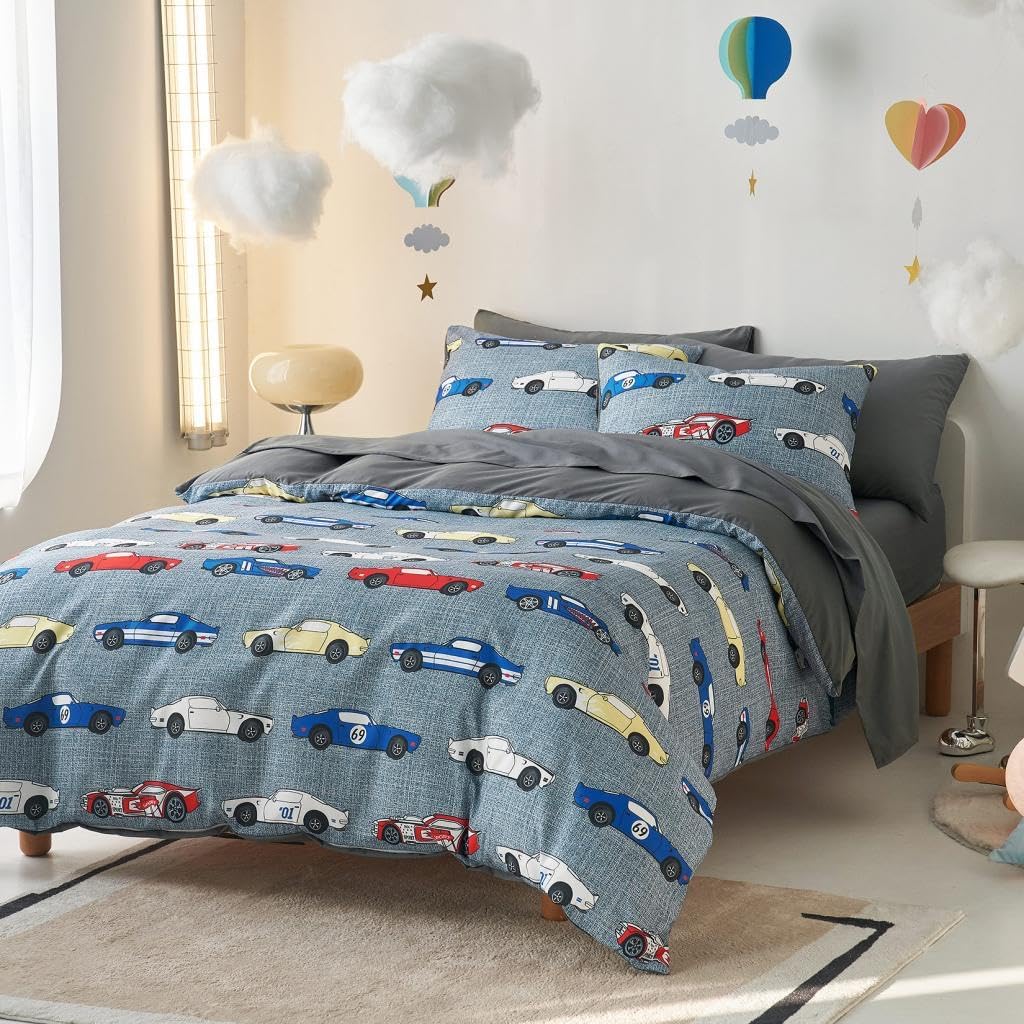 Race Car Bedding Set for Boys, Cute Colorful Sports Car Supercar Wheels Comforter Set with Sheets, 5 Pieces Kids Bed