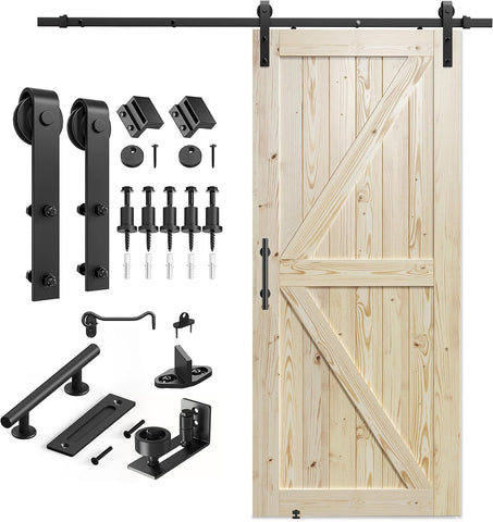 36in x 84in Sliding Barn Door with 6.6ft Barn Door Hardware Kit Included, Unfinished Solid Spruce Wo