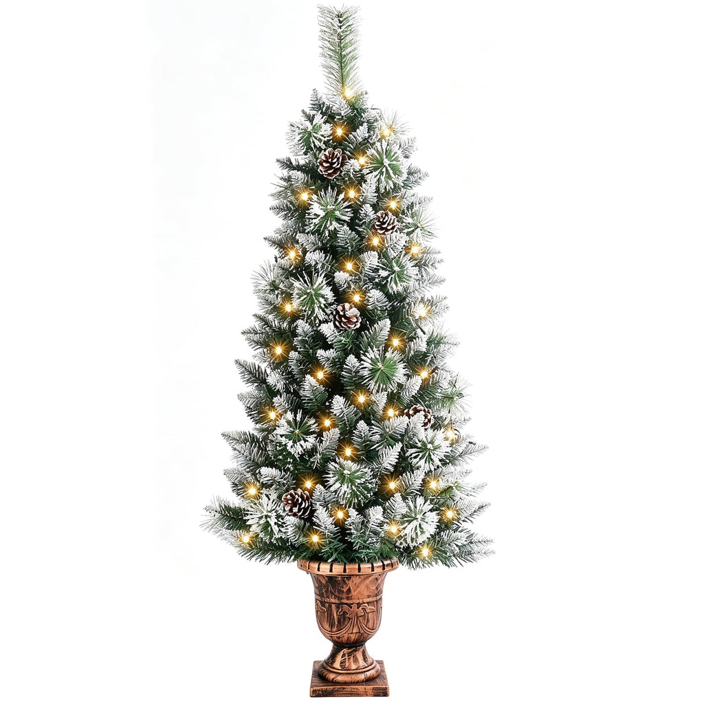 4ft Christmas Tree Pre-Lit Artificial Mini Trees with Gold Pot Base, Flocked Snow Warm White Lights Pine Cones, for