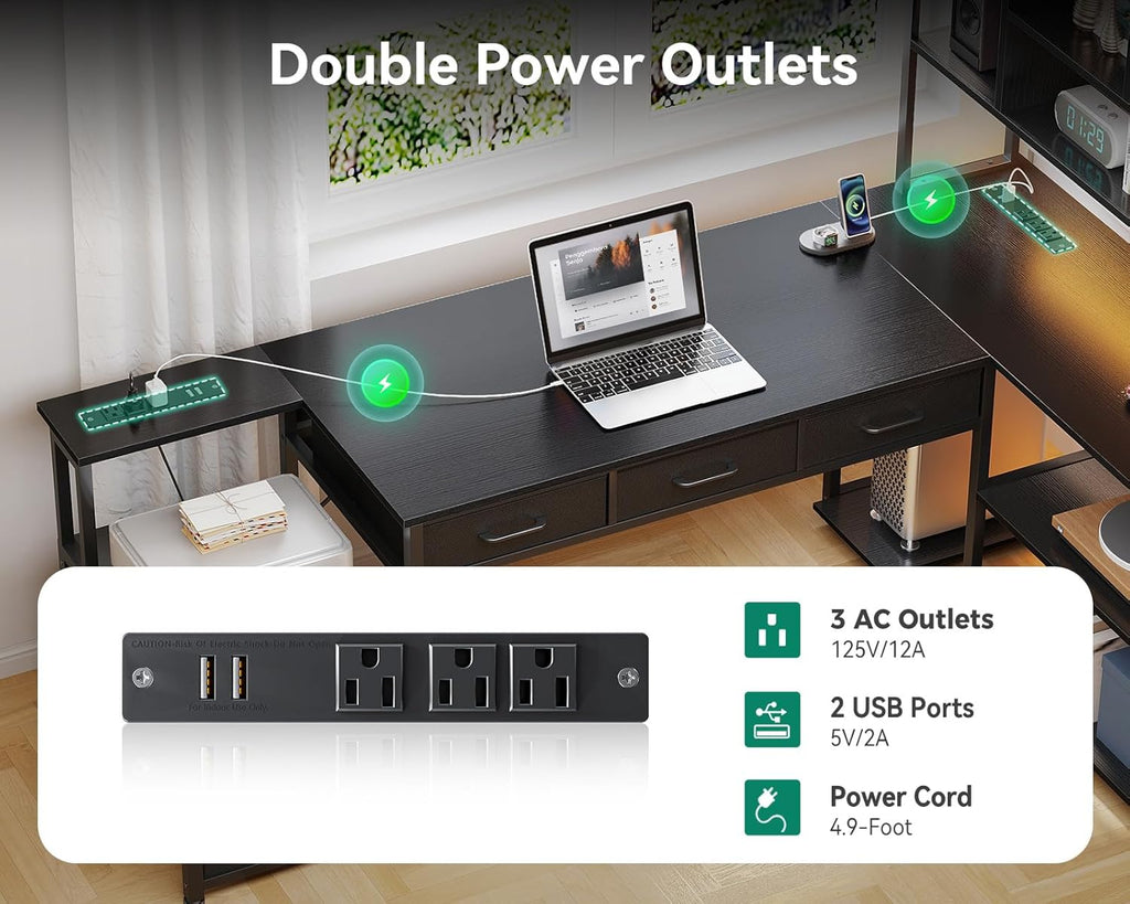 79 inch L Shaped Desk with 5 Drawers, LED Light & 2 Power Outlets | Reversible Black L Shaped Gaming Desk, Computer